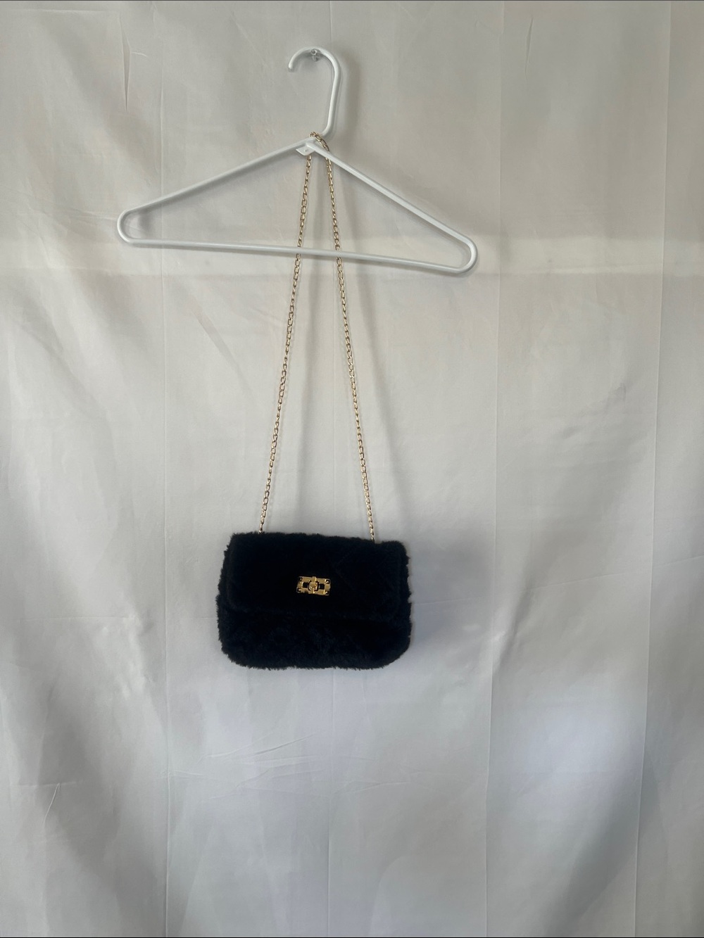 Black Faux Fur Crossbody Bag with Gold adjustable Chain